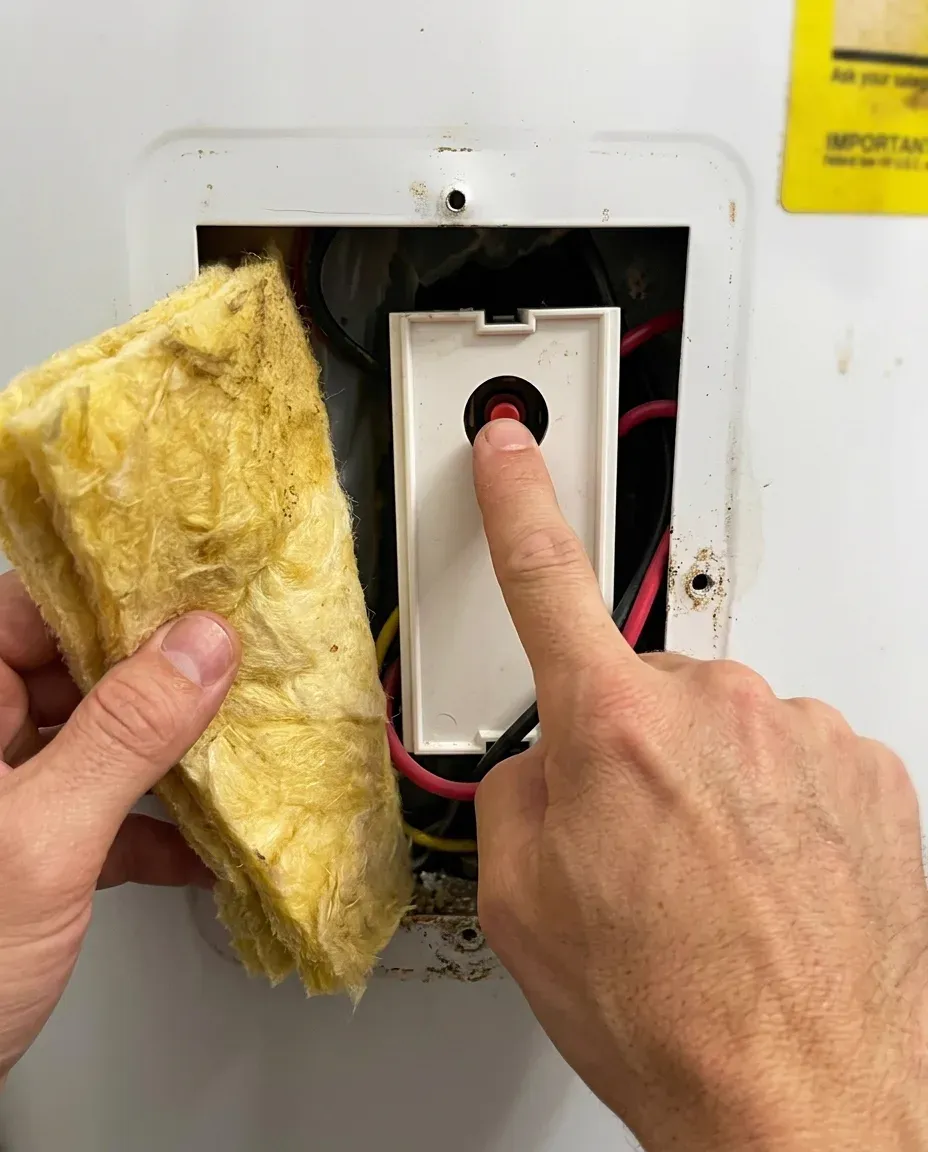 A finger pressing the reset button through the round opening in the white plastic cover of an upper water heater thermostat, with the insulation folded back