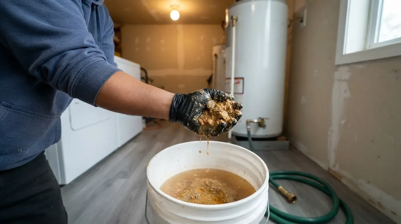 A hand in a black nitrile glove holding wet sediment over a bucket of cloudy drained water, a garden hose and the water heater behind