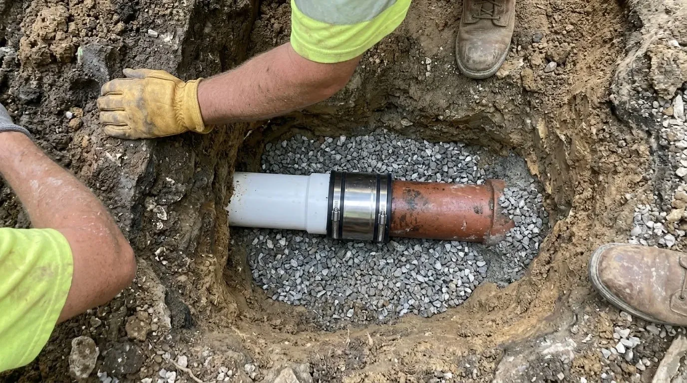 A new white PVC pipe joined in line to an old clay sewer pipe with a shielded rubber coupling and band clamps, on gravel at the bottom of a hole