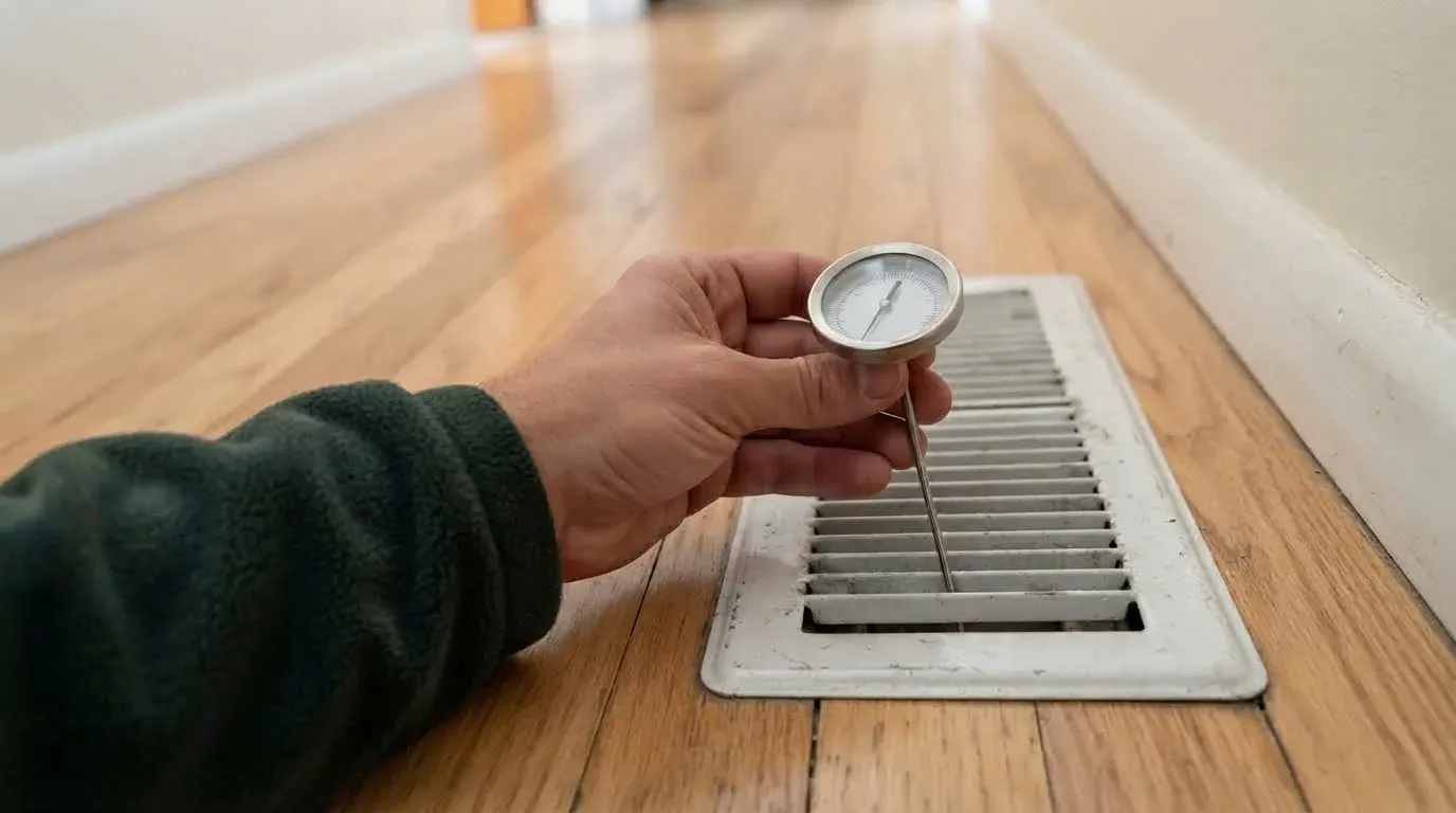A hand holding a pocket dial thermometer with its steel stem pushed into the slots of a white floor supply register in a hallway
