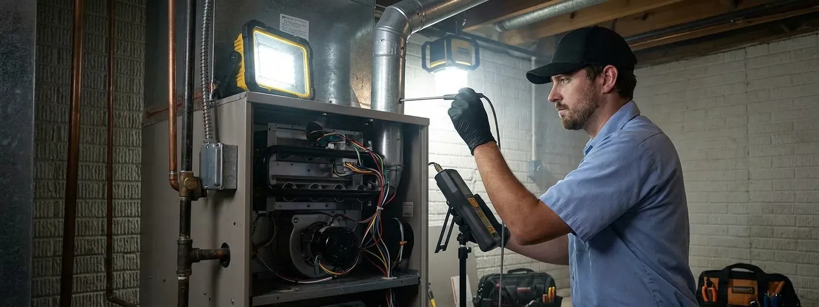 An HVAC technician in a basement holding a combustion analyzer probe in a furnace flue pipe
