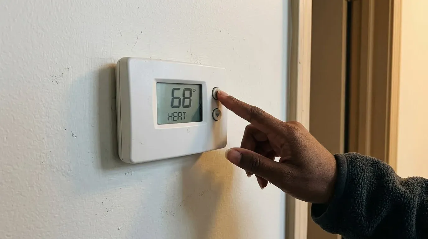 A finger pressing the up button on a wall thermostat whose screen reads 68° and HEAT