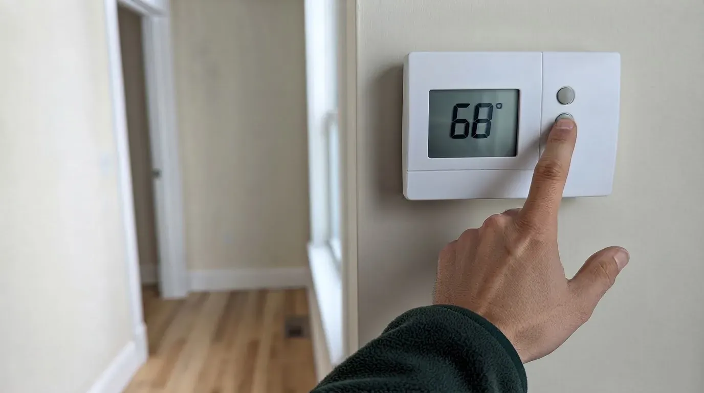 A finger pressing a round button on a white wall thermostat showing 68° on its display, in a hallway with a light oak floor