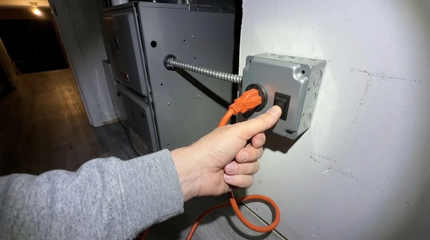 A hand on the toggle of a small grey furnace power switch box on the wall beside a gas furnace, an orange cord plugged into its inlet and conduit running into the furnace