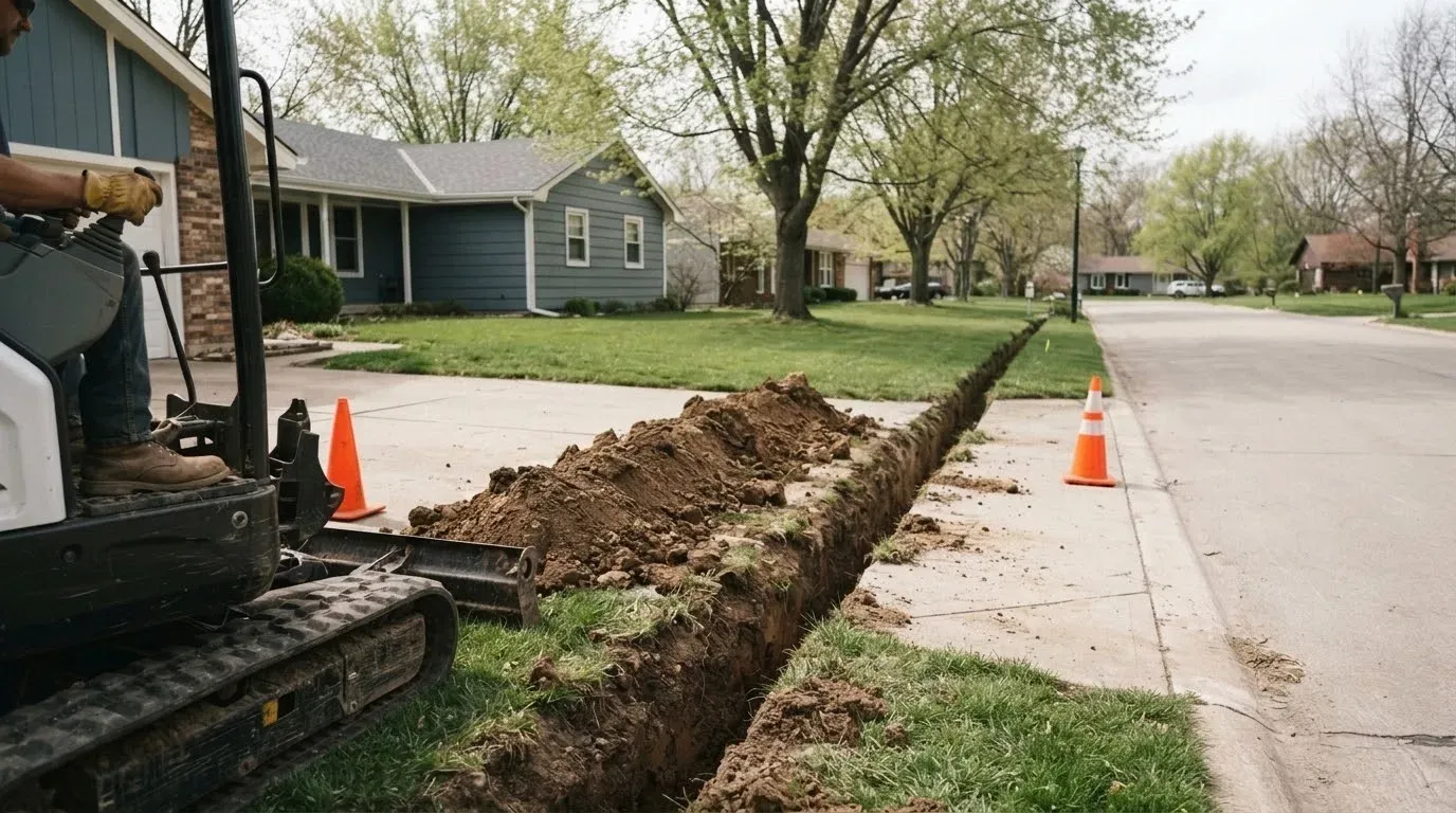A mini excavator digging a long trench across a front lawn beside the sidewalk, a pile of dirt along it and orange cones near the street