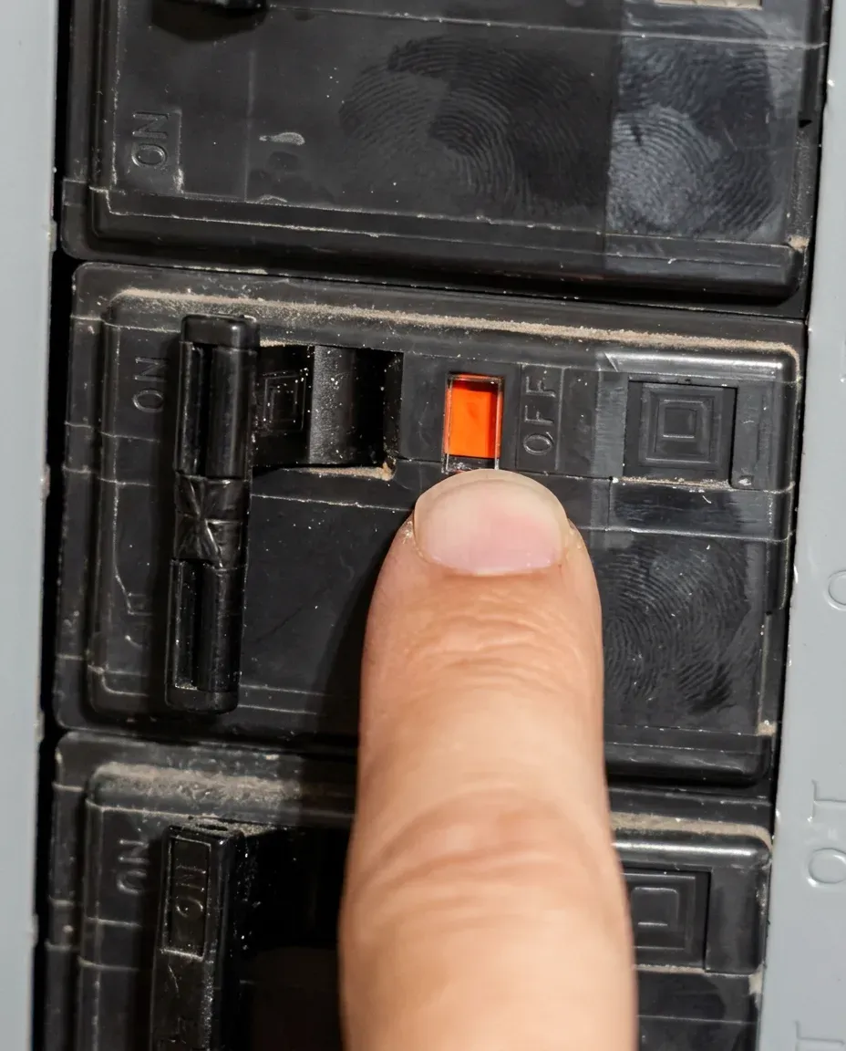 A finger pointing at the orange trip indicator on a tripped breaker in a residential panel