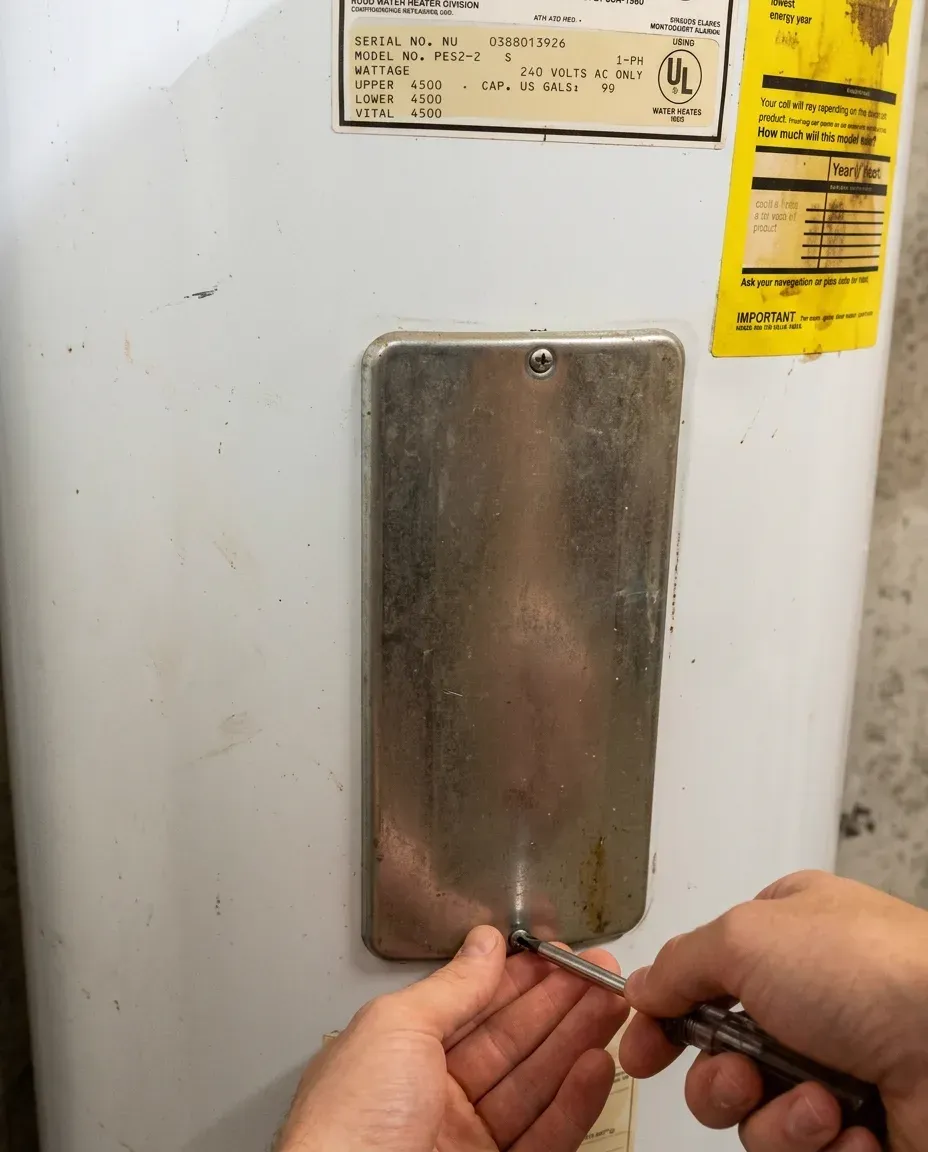 A hand loosening the bottom screw of the metal upper access panel on an electric water heater, below the rating plate